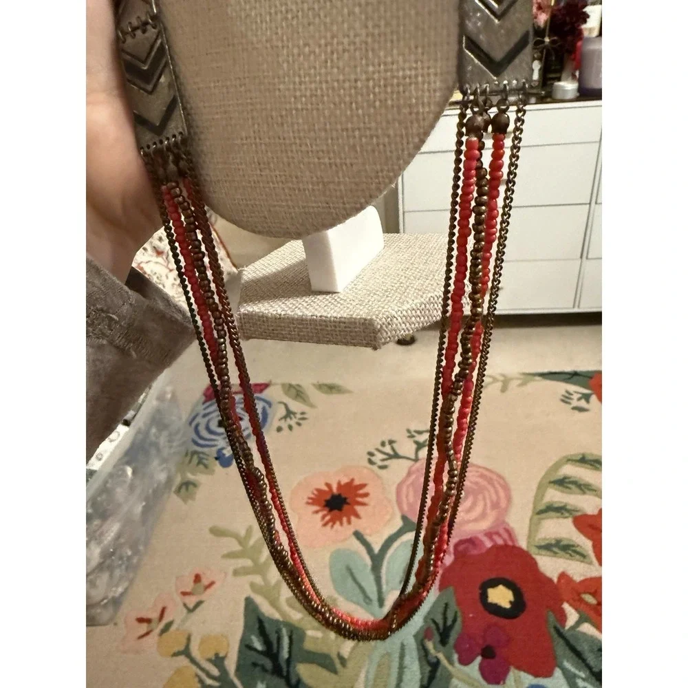 Boho Multi Strand Red Seed Bead & Brass Chain Chevron Statement Necklace 28